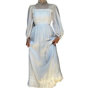 Vintage Victorian Prairie Boho Wedding Bridal White Lace Long Sleeve Dress XS/S